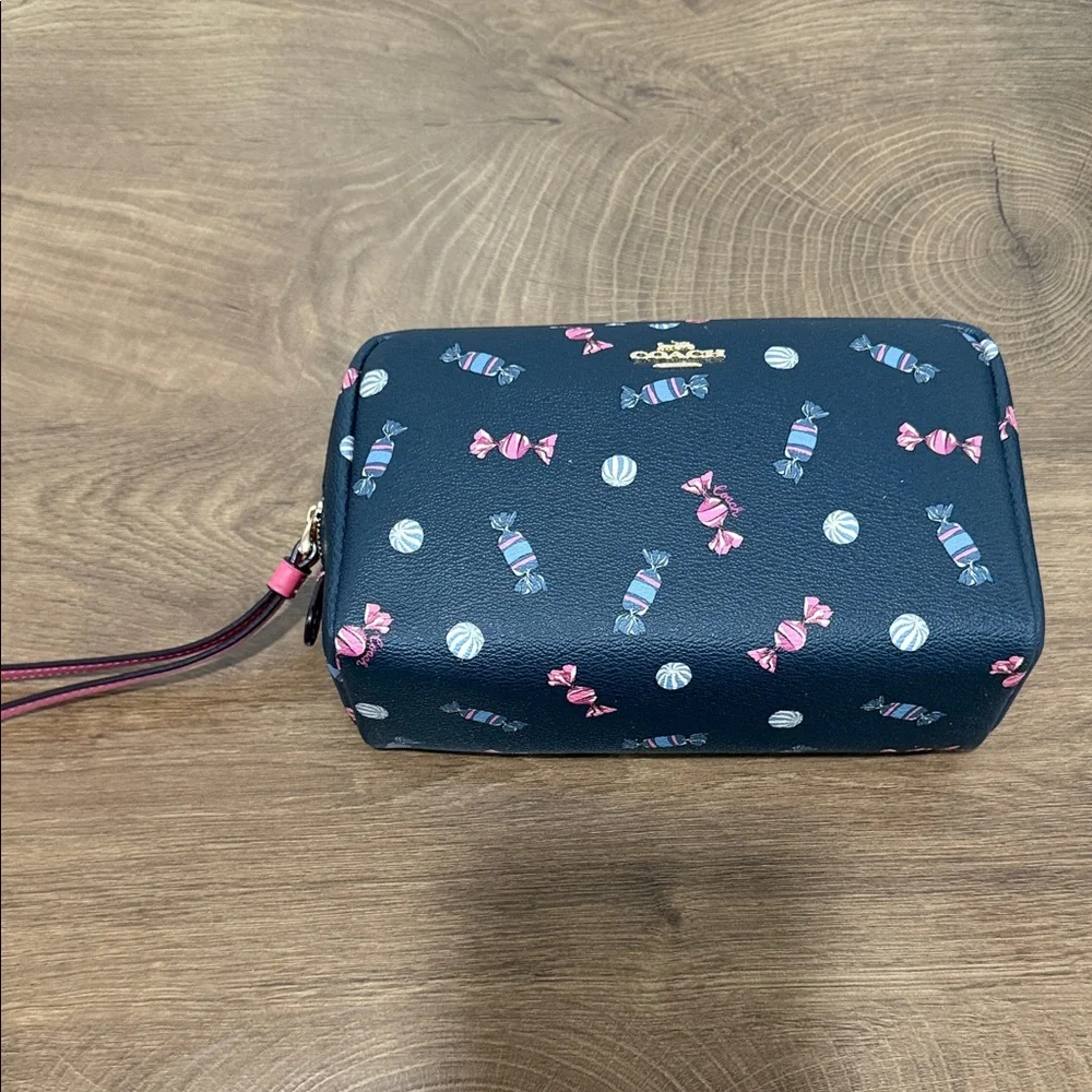 Coach Black Wristlet Cosmetic Pouch with Pink & Light Blue Candy Print